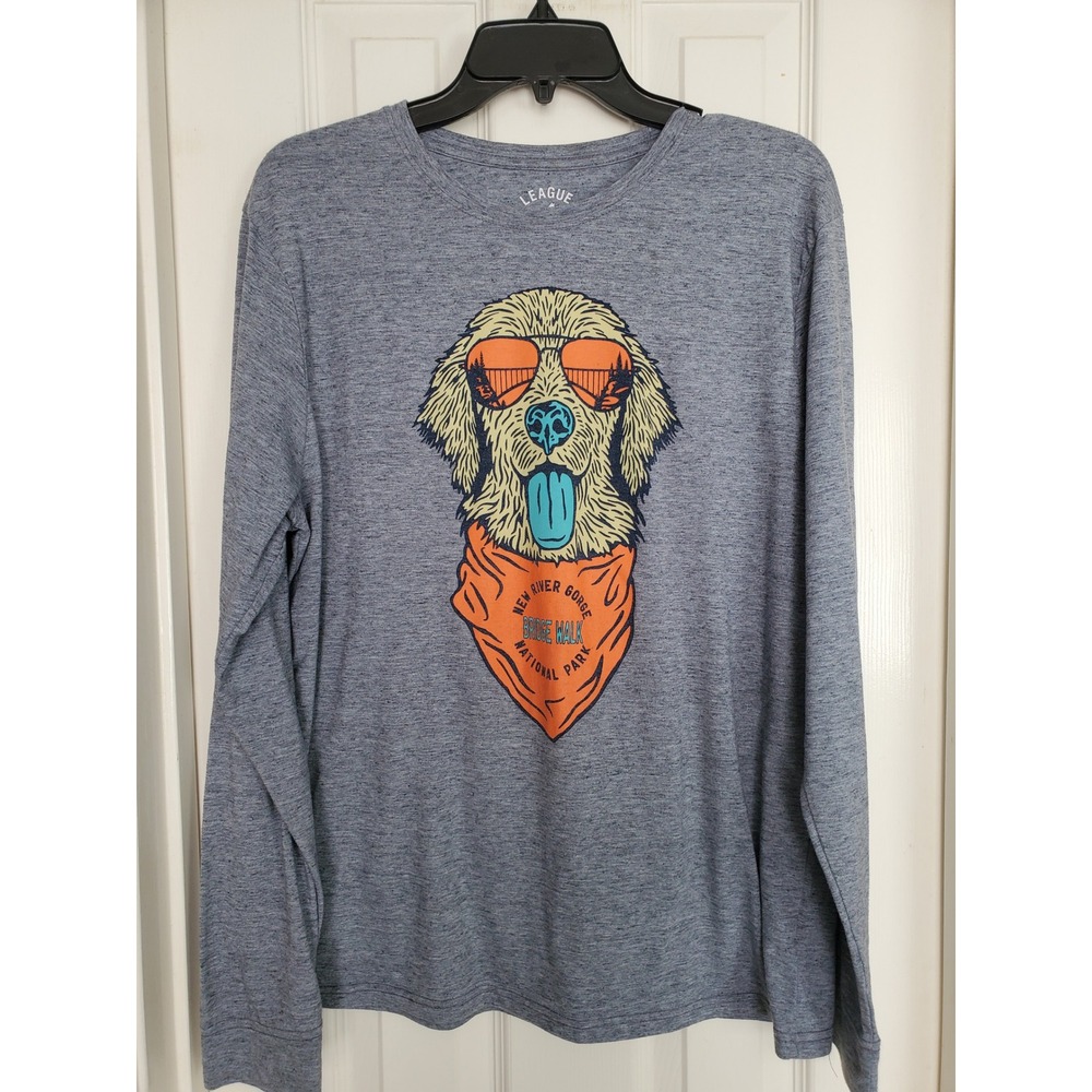 League Long Sleeve Tee Grey New River Gorge National Park Dog Graphic Large